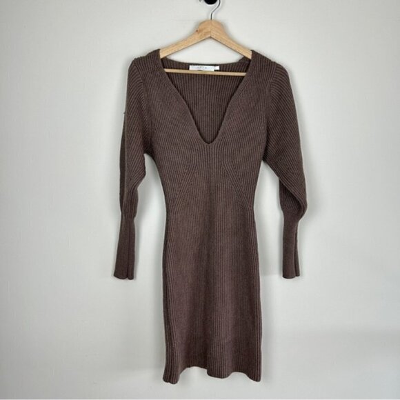 ASTR Plunge V-neck Long Sleeve Sweater Dress In Mocha - Picture 2 of 7